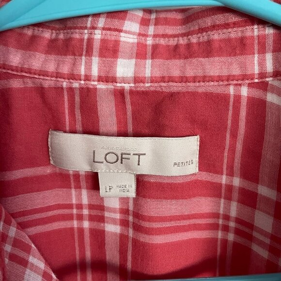 ANN Taylor Loft Woman's Large Petite Peach Plaid Lightweight Button Front Blouse - Picture 3 of 9